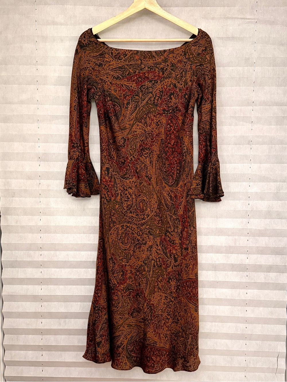 Lauren Ralph Lauren Warm Paisley Silk Quarter SleeveBoat Neck Midi Dress, Size 8